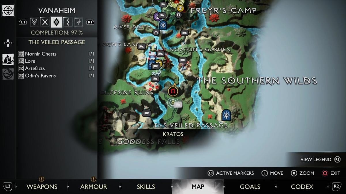 A map to find the Raven in the Veiled Passage in God of War Ragnarok's Vanaheim.